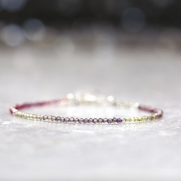 Multi Sapphire Skinny Bracelet - 2mm Tiny Dainty Minimal Bracelet - Multi Coloured Sapphire Bracelet - September Birthstone Gift Idea