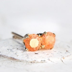 Sunstone Stud Earrings Gold or Silver, Gemstone Ear Studs, Peach Orange Earrings, Sunstone Jewelry, Earrings For Good Luck and Travel