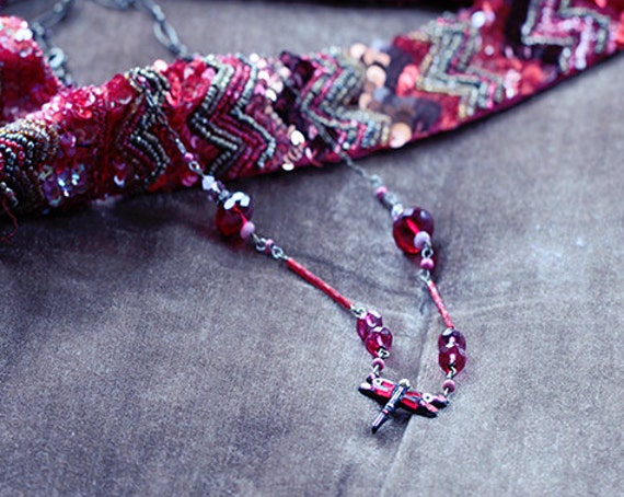 Dragonfly Necklace - Pink Red Necklace - Unique Necklace For Women - Dragonfly Jewelry - Unique Mosaic Jewelry - OOAK Necklace