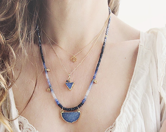 Blue Geometric Necklace - Druzy Triangle Necklace