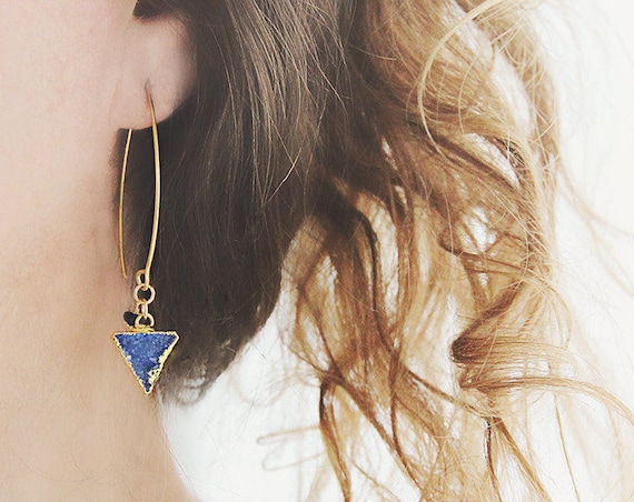Blue Druzy Earrings - Modern Triangle Earrings