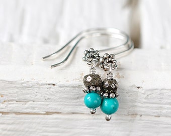 Silver Turquoise Earrings - Tiny Stone Earrings - Turquoise Drop Earrings - December Birthstone Earrings - Gemstone Earrings