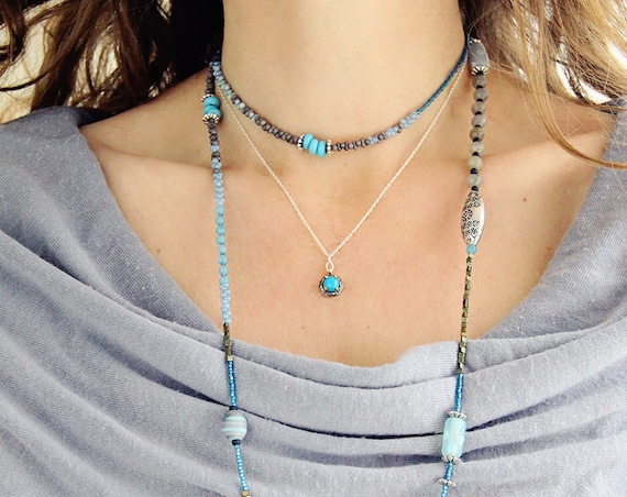 Dainty Turquoise Necklace - Pave Diamond Necklace