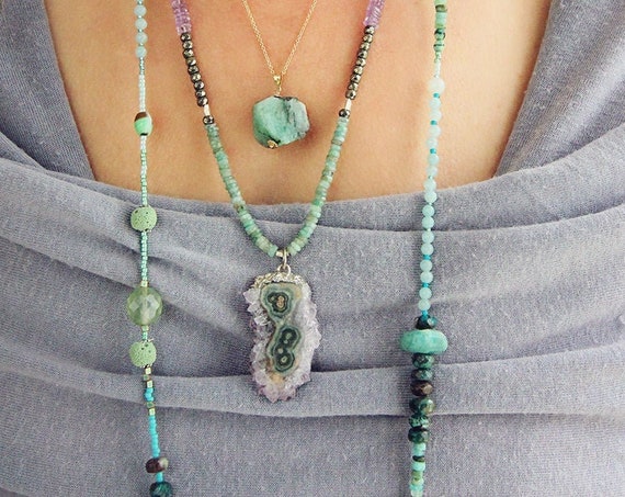 Amethyst Stalactite Necklace - Amethyst and Emerald Necklace - Colourful Gemstone Necklace - February Birthstone & May Birthstone