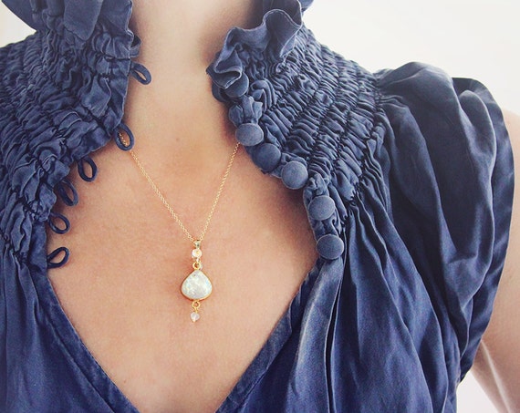 Druzy, Diamond & Moonstone Necklace - Wedding / Bridal Necklace