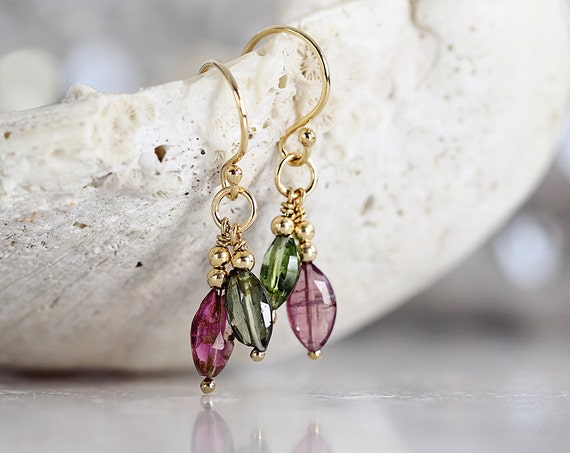 Tourmaline Earrings - Pink Tourmaline Earrings - Dangle Gemstone Earrings - October Birthstone Earrings - Green Tourmaline Earrings