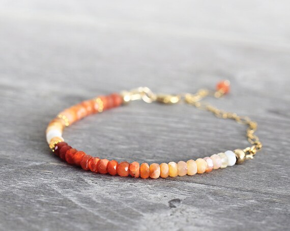 Fire Opal Bracelet - Ombre Bracelet - October Birthstone Bracelet - Red Orange Gold Colorful Bracelet For Her - Autumn Jewelry For Her