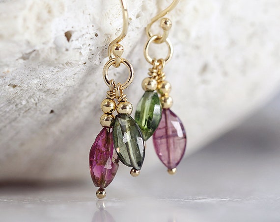 Tourmaline Earrings - Pink Tourmaline Earrings - Dangle Gemstone Earrings - October Birthstone Earrings - Green Tourmaline Earrings