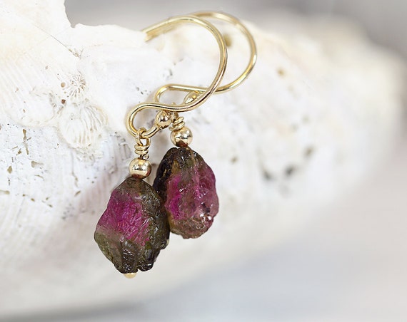 Watermelon Tourmaline Earrings - Raw Stone Earrings