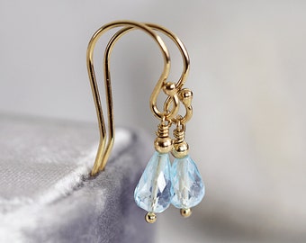 Blue Topaz Earrings - Handmade Earrings - November & December Birthstone - Blue Topaz Jewelry - Blue Gold Teardrop Earrings