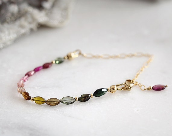 Tourmaline Bracelet - October Birthstone Bracelet - Tourmaline Jewelry - Multi Colour Bracelet - Gemstone Beaded Bracelet - Dainty Bracelet