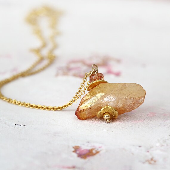 Orange Stone Necklace Aura Quartz Necklace Raw Crystal Pendant