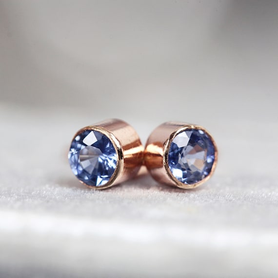 Rose Gold Sapphire Earrings - Blue Sapphire Anniversary Gift for Wife - Fine Jewelry - Bezel Set Sapphire Earrings - Tiny 3mm Stud Earrings