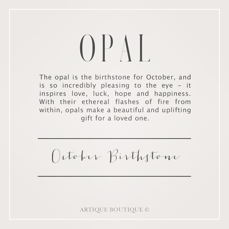 Puede incluir: Gr&aacute;fico cuadrado blanquecino con la palabra "OPAL" en una fuente oscura. El texto describe el &oacute;palo como la piedra de nacimiento de octubre, que inspira amor y felicidad. Tambi&eacute;n aparecen las palabras "October Birthstone".