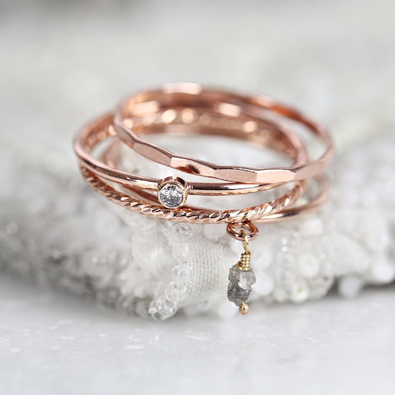 Gray Diamond Stacking Rings Set - Stackable Rings Diamond - Rose Gold Ring Stack