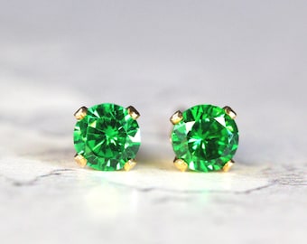 Emerald Green Cubic Zirconia Stud Earrings - Sparkly Crystal Studs - Gold Fill CZ Ear Studs - May Birthstone Jewelry - Dainty Green Earring