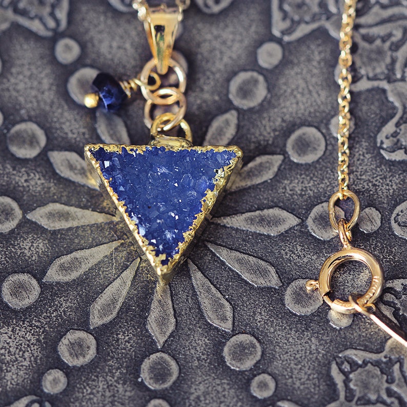 Triangle Pendant Blue Geometric Necklace Druzy Triangle Necklace September Birthstone Blue Sapphire Necklace Modern Jewelry