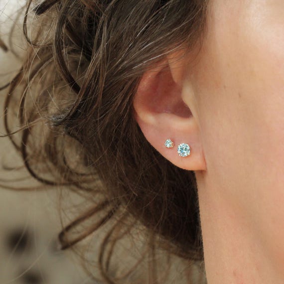 Aqua Blue Cubic Zirconia Studs - Everyday Hypoallergenic Small Stud Earrings Silver or Gold