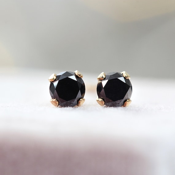 Black Diamond Stud Earrings in Solid Gold - Genuine Diamond Earring Men Gift