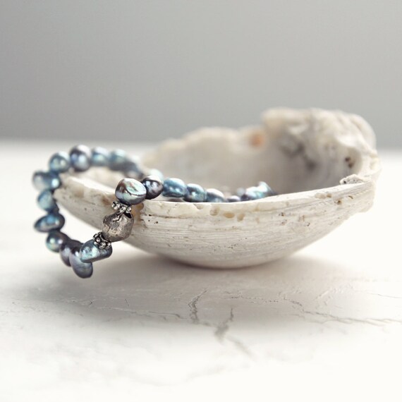 Blue Freshwater Pearl Bracelet - Boho Bridal Jewelry