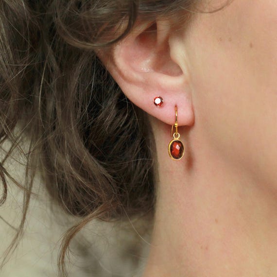 Oval Garnet Earrings Gold - January Birthstone Dangle Drop Earrings