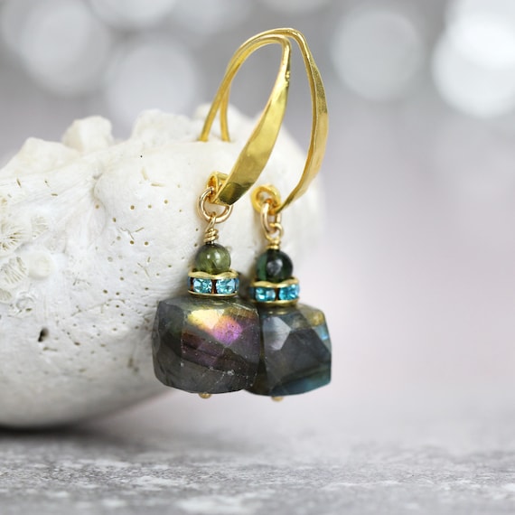 Gold Labradorite Earrings - Contemporary Gemstone Cube Earrings