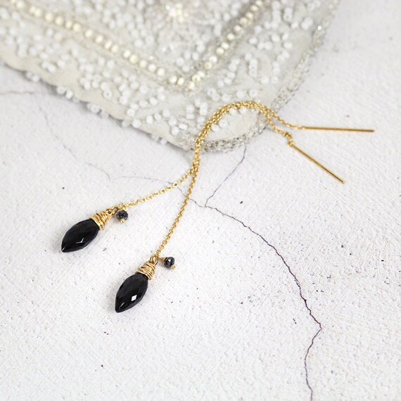 Long Threader Earrings in Gold - Black Diamond Earrings