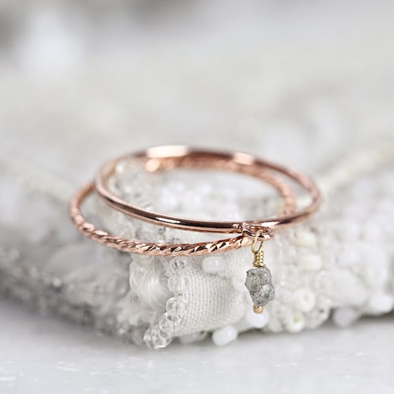 Grey Diamond Ring Set - Diamond Dangle Ring For Women - Dainty Rose Gold Ring Set