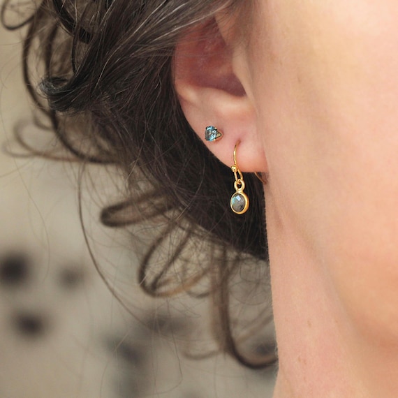 Dainty Labradorite Earrings Gold - Round Gemstone Dangle Drop Earrings