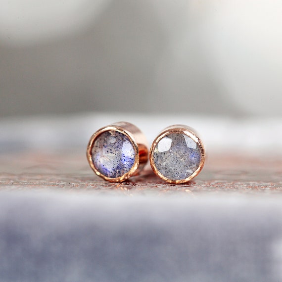 Labradorite Earrings Rose Gold - Tiny Labradorite Earrings Studs