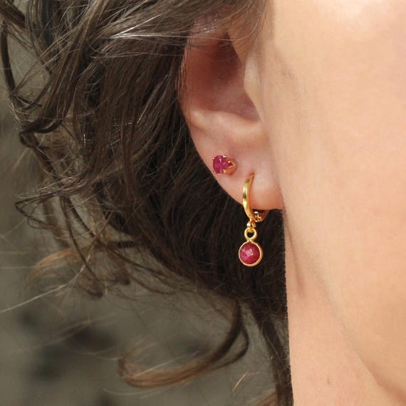 Gold Ruby Huggie Hoop Earrings - July Birthstone Gemstone Jewelry Gift for Women