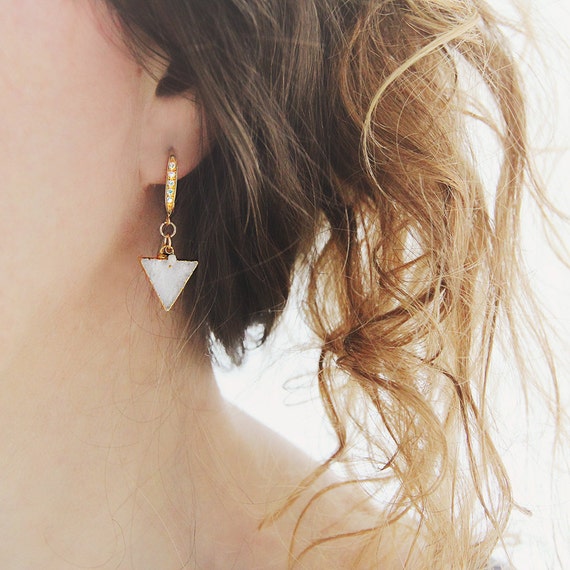 White Druzy & Rough Diamond Earrings - Geometric Triangle Earrings