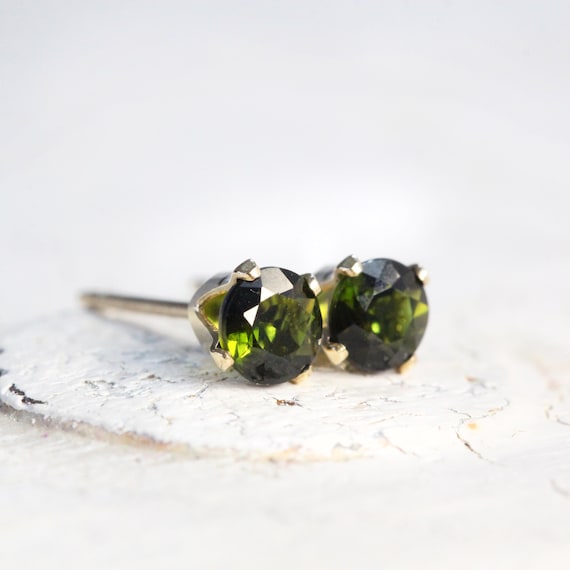 Dark Green Tourmaline Stud Earrings Silver or Gold