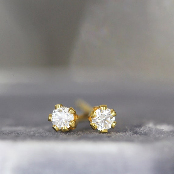 White Diamond Stud Earrings Yellow Gold - 2mm Diamond Earrings