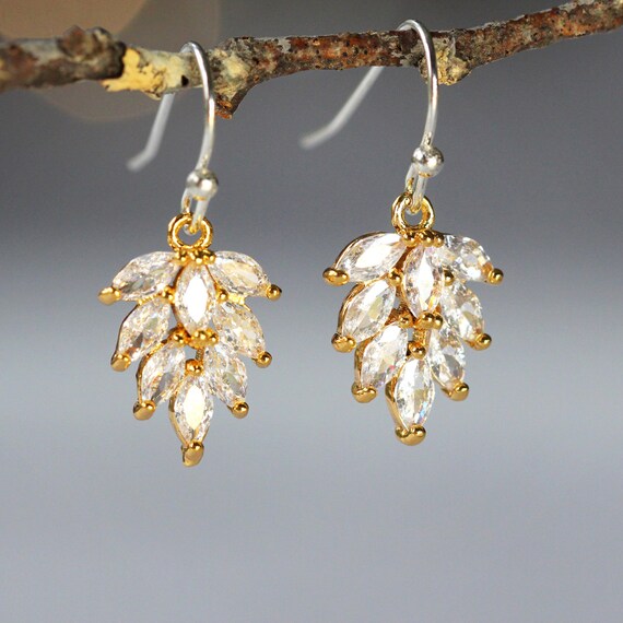 Crystal Leaf Drop Earrings - Gold Art Nouveau Style Earrings