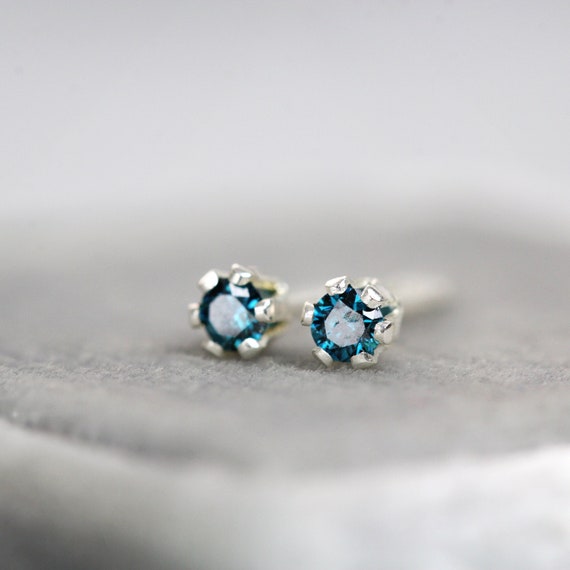 Tiny Blue Diamond Studs - 2mm Diamond Stud Earrings