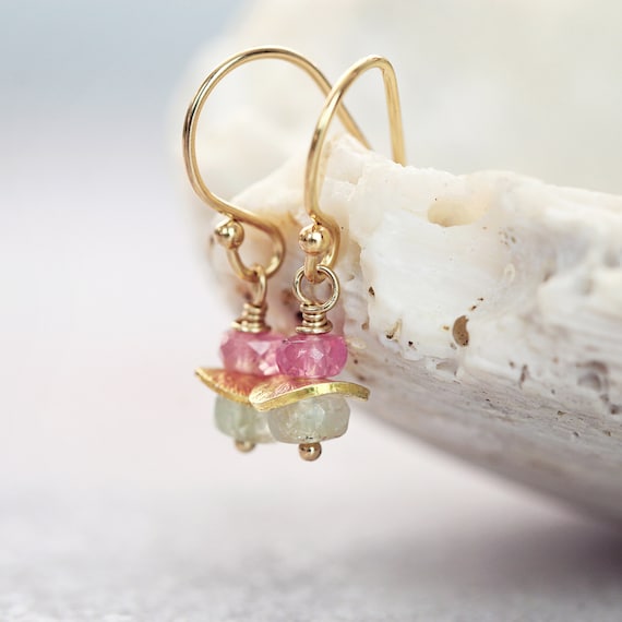 Pink & Green Sapphire Earrings - Tiny Dainty Dangle Earrings