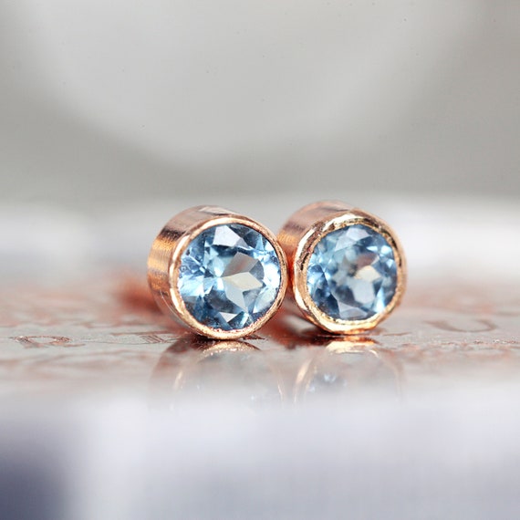 Blue Topaz Studs - Rose Gold Stud Earrings - Swiss Blue Topaz Earrings