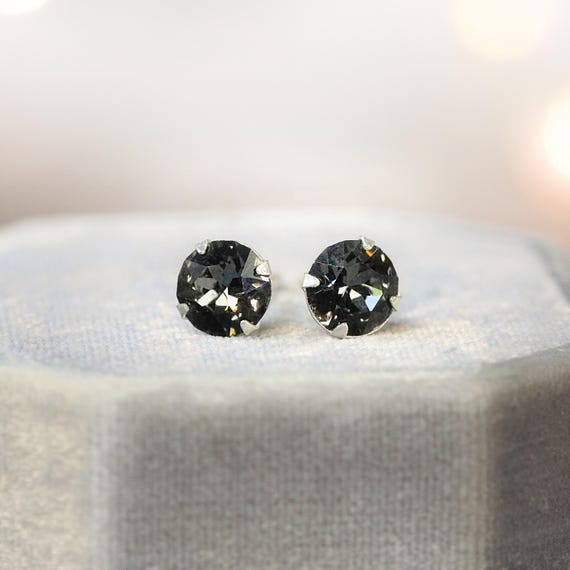Dark Grey Crystal Stud Earrings – 5mm Austrian Crystal Sterling Silver Studs