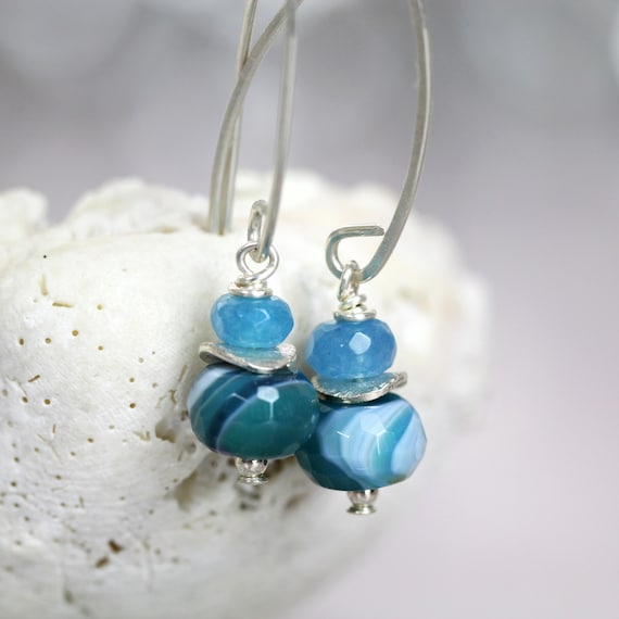Blue Agate and Kyanite Earrings - Sterling Silver Gemstone Drops