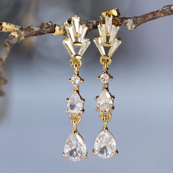Art Deco Statement Earrings - 1920's Vintage Style Long Gold Earrings