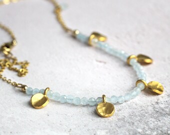 Aquamarine Charm Necklace Gold - Boho Hippie Beach Festival Necklace - Good Luck Necklace - March Birthstone Jewellery Gift - Fine Jewellery