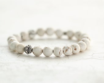 White Howlite Bracelet - Bohemian Bead Bracelet - White Turquoise Bracelet - White Stone Stretch Bracelet - Unisex Bracelet Gift For Him Her