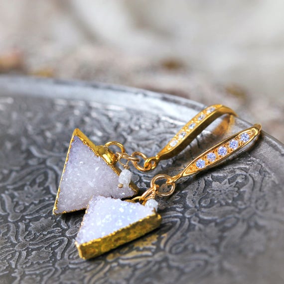 White Druzy & Rough Diamond Earrings - Geometric Triangle Earrings