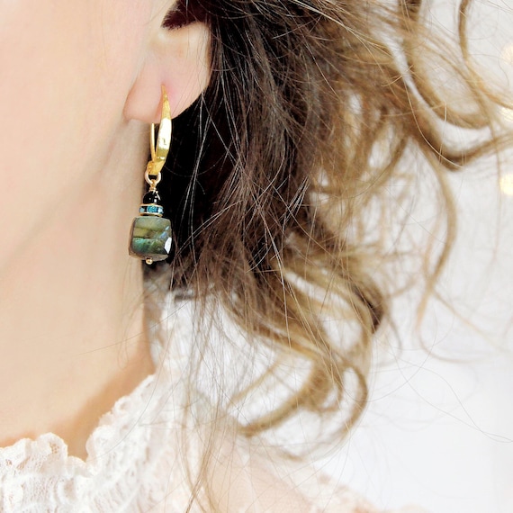 Gold Labradorite Earrings - Contemporary Gemstone Cube Earrings