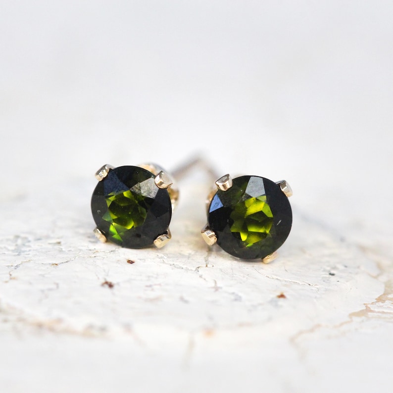 Green Tourmaline Studs Gold or Silver, Tourmaline Post Earrings, 4mm Gemstone Unisex Stud Earrings, October Birthday Gift image 2