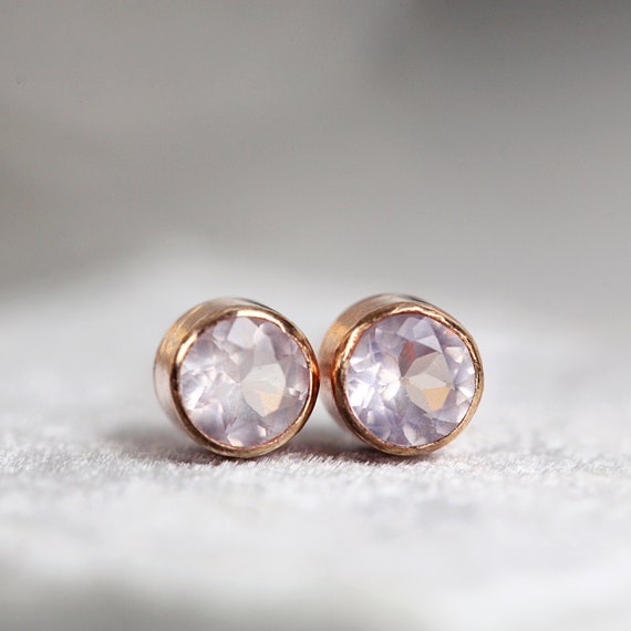 Rose Gold Rose Quartz Earrings - Pretty Earrings For Teens or Women - Tiny Rose Quartz Stud Earrings - Dainty Everyday Earrings - Stone Stud