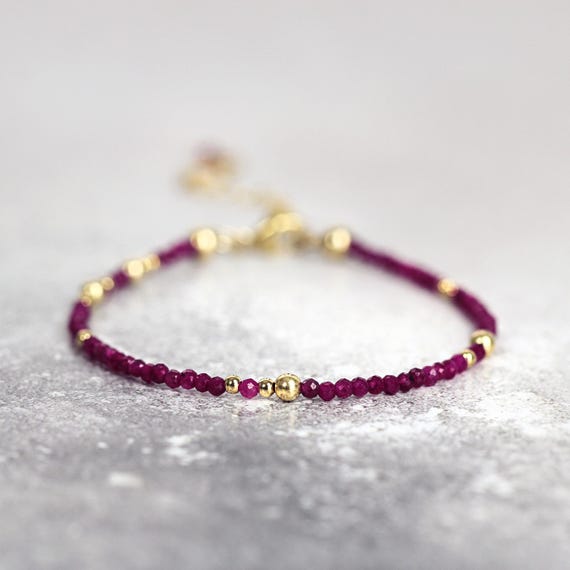 Ruby Beaded Bracelet - Adjustable Gold Filled & Silver Gemstone Jewelry