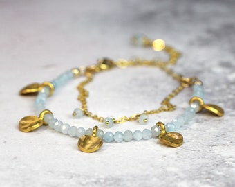 Aquamarine Charm Bracelet Gold - Boho Hippie Beach Bracelet - Semi Precious Blue Stone Bracelet - March Birthstone - Multi Strand Bracelet