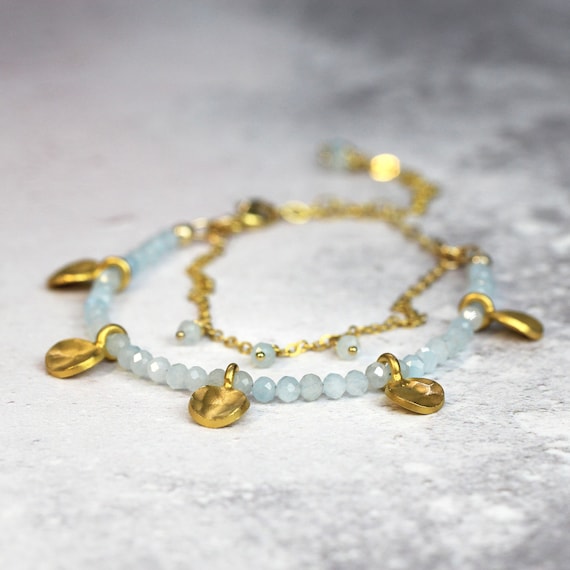 Aquamarine Charm Bracelet Gold - Boho Hippie Beach Bracelet